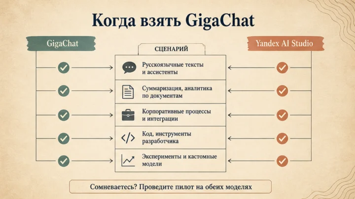 Схема сценариев с продуктами: Когда взять GigaChat, а когда Yandex AI Studio
