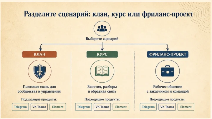 Схема сценариев с продуктами: Разделите сценарий: клан, курс или фриланс-проект