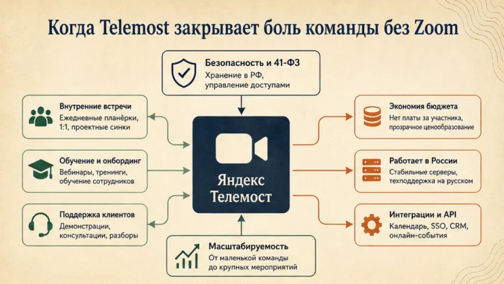 Схема сценариев с продуктами: Когда Telemost закрывает боль команды без Zoom