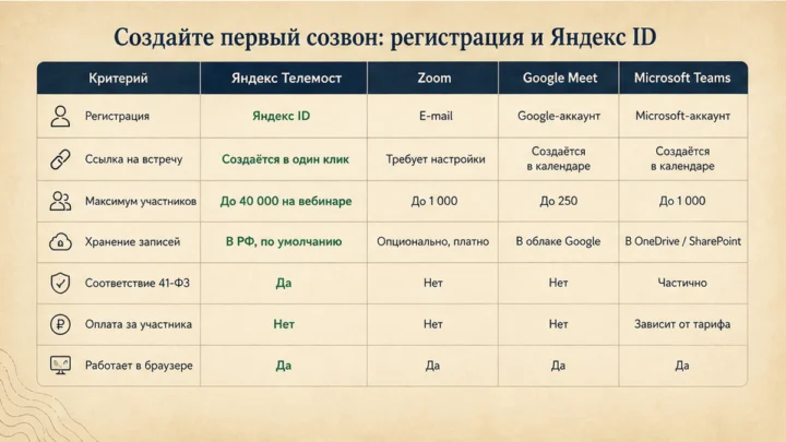 Таблица сравнения сервисов: Создайте первый созвон: регистрация и Яндекс ID