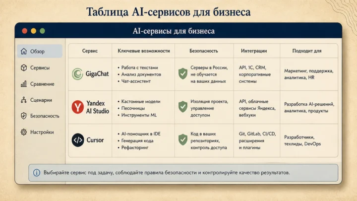 UI named сервиса: Таблица AI-сервисов для бизнеса