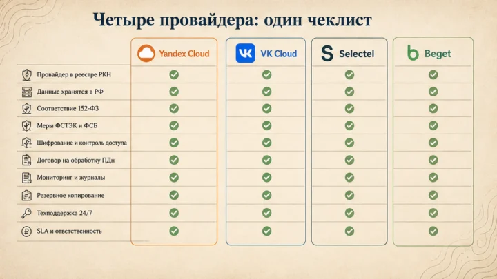 Чеклист миграции / действий: Сравните четыре провайдера по договору и ЦОД