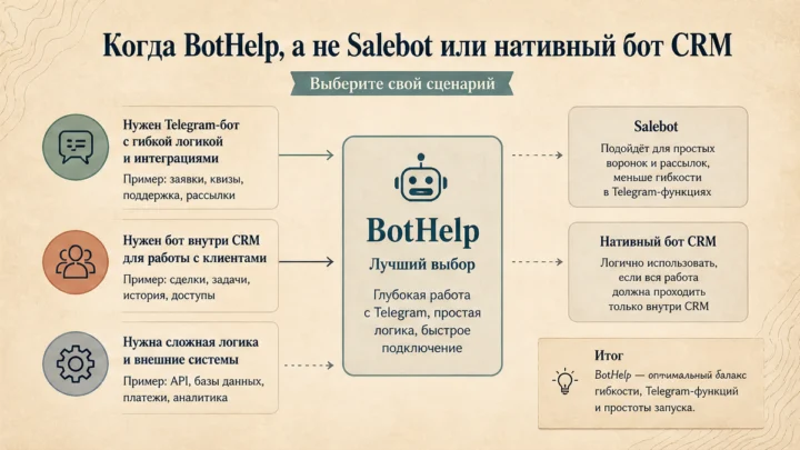 Схема сценариев с продуктами: Когда BotHelp, а не Salebot или нативный бот CRM