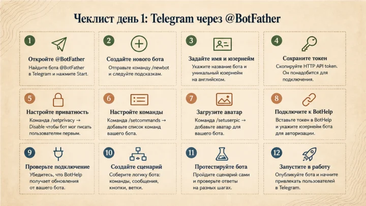Чеклист миграции / действий: Чеклист день 1: Telegram через @BotFather