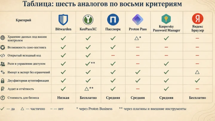 Чеклист миграции / действий: Таблица: шесть аналогов по восьми критериям
