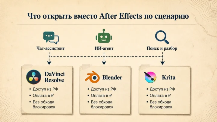 Схема сценариев с продуктами: Что открыть вместо After Effects по сценарию