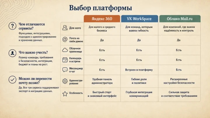 FAQ / структура решения: Выбор платформы: Яндекс 360, VK WorkSpace и почему не Облако Mail.ru