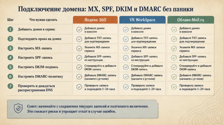 Чеклист миграции / действий: Подключение домена: MX, SPF, DKIM и DMARC без паники