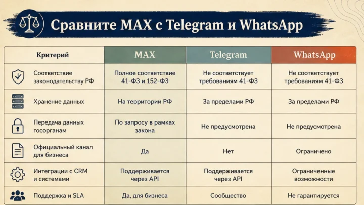 Таблица сравнения сервисов: Сравните MAX с Telegram и WhatsApp: чаты, каналы, звонки и отличия